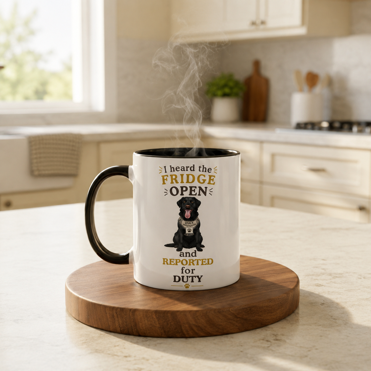Black Labrador Mug — I Heard the Fridge Open and Reported for Duty