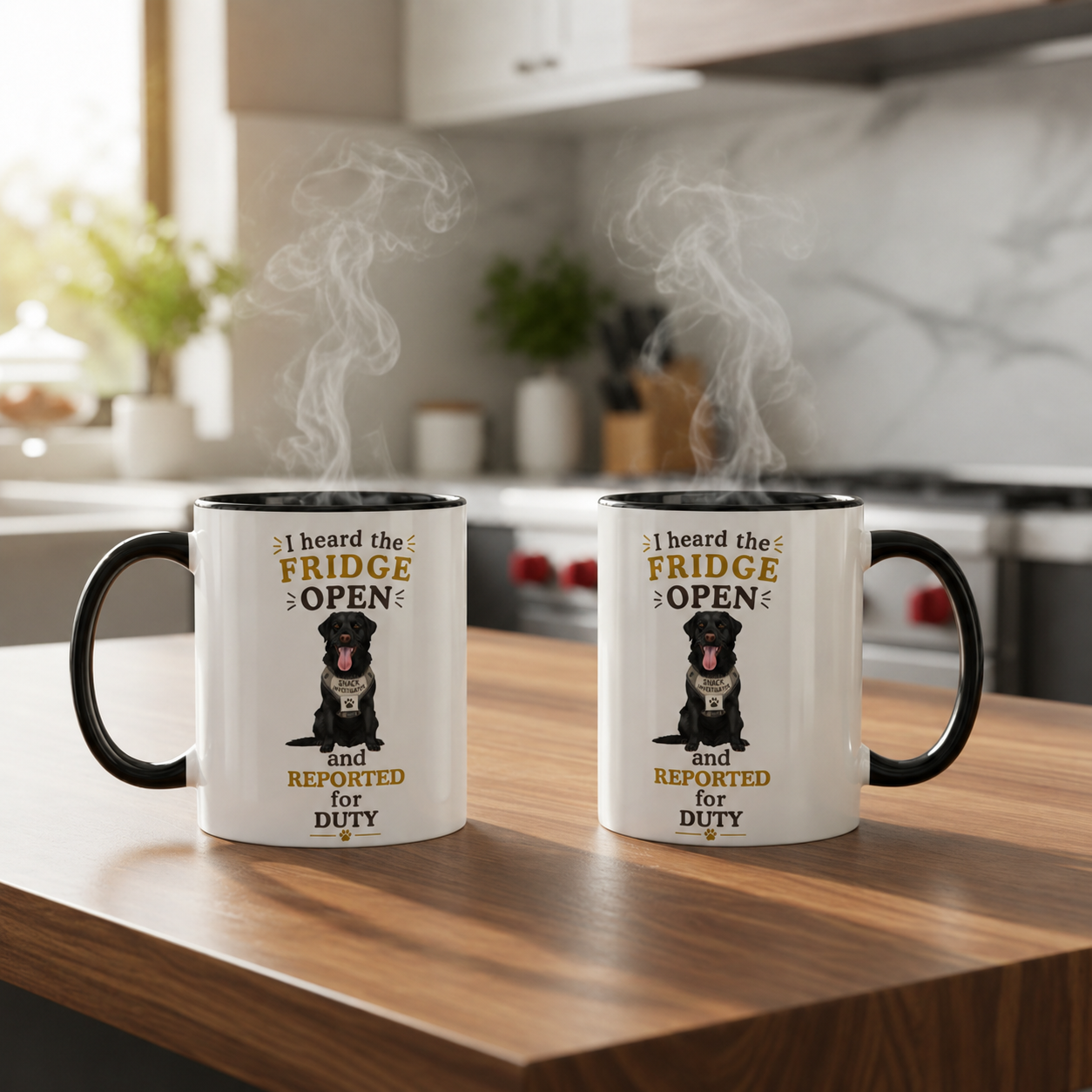 Black Labrador Mug — I Heard the Fridge Open and Reported for Duty