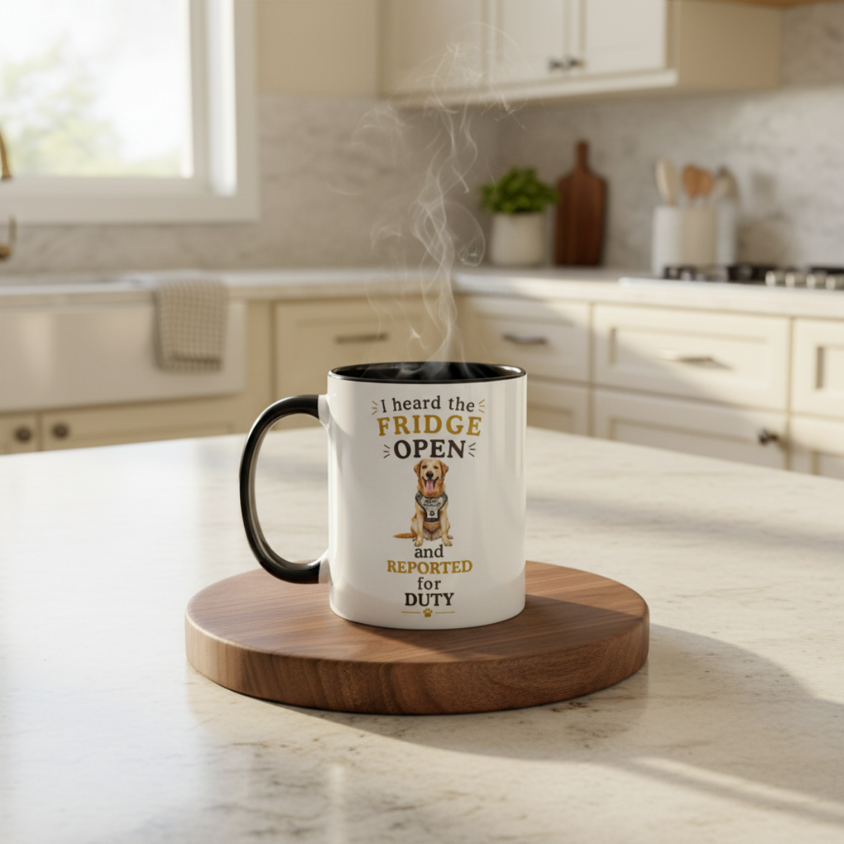 Golden Labrador Mug — I Heard the Fridge Open and Reported for Duty
