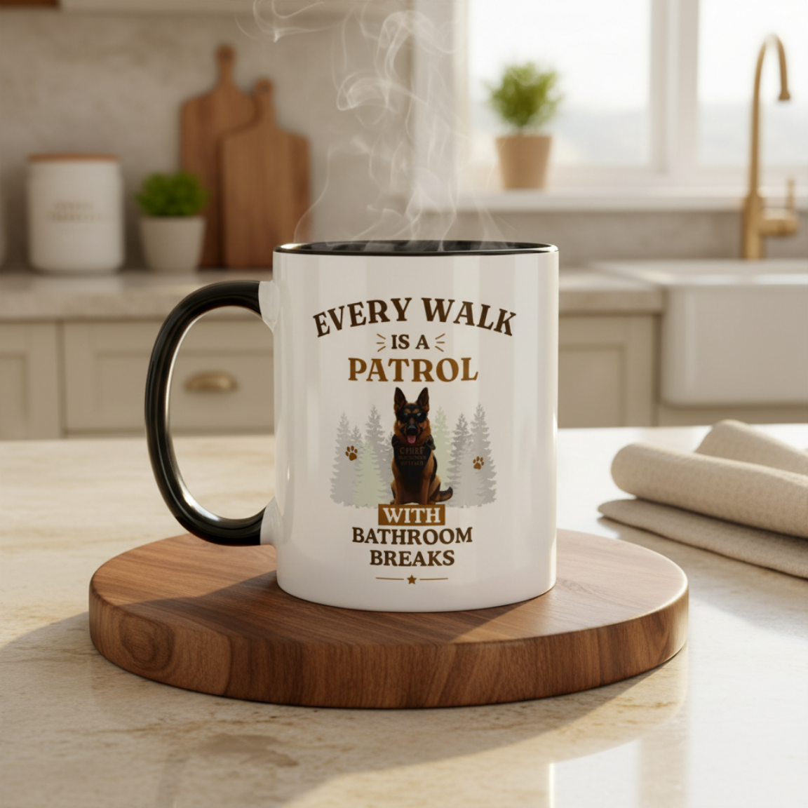 German Shepherd Mug — Every Walk is a Patrol with Bathroom Breaks